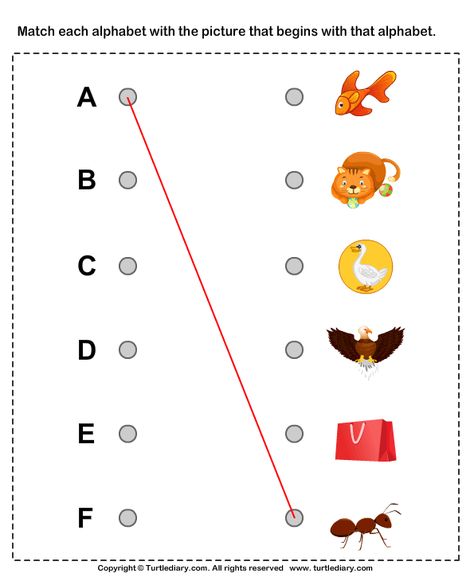 Alphabet worksheet -- match the letters to the objects. #EarlyEducation #LanguageArts A To F Worksheet, F Worksheet, Lkg Syllabus, Nursery Worksheets, Ela Worksheets, Printable Alphabet Worksheets, Kindergarten Phonics Worksheets, English Worksheets For Kindergarten, Alphabet Worksheets Kindergarten