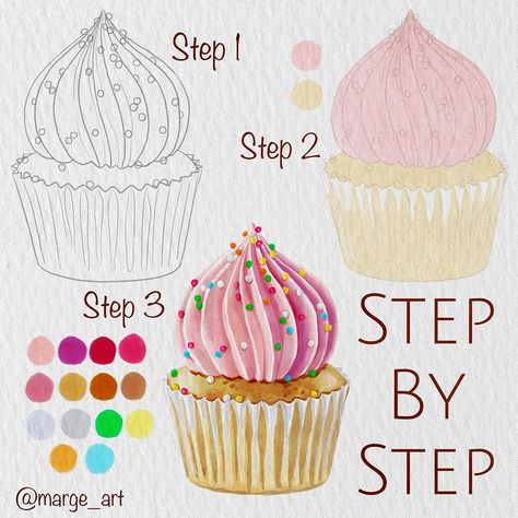 Party Cupcake!🧁 Available detailed step by step #stepbystepwithmarge on Buy me a Coffee. For Supporters only. Click the link in my bio😉 | Instagram Cupcake Art Painting, My Birthday Drawing, Painting Cupcakes, Cupcakes Art Drawing, Sweets Watercolor, Ceramics Plates, Cupcake Painting, Painting Journal, Birthday Watercolor