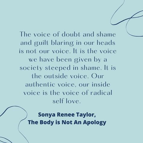 If you have not read The Body Is Not An Apology yet, put it on your list ASAP. I read it a month ago and I'm still digesting everything she wrote. . . There is nothing wrong with your body. Society has told you that you are wrong. Who is society? Who gets to make these decisions for us? How much power are you going to give away to someone or a group of someones who know NOTHING about you? . . Go inside. It's nicer in there. The Body Is Not An Apology, Apology Quotes, Apologizing Quotes, An Apology, Daily Quote, Abstract Color, Intuitive Eating, Grad School, Know Nothing