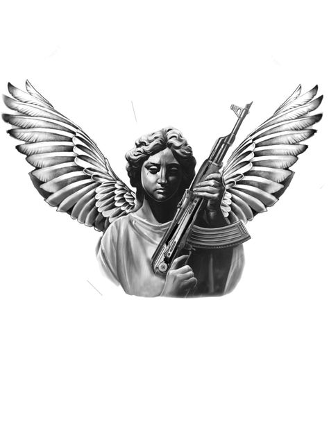 Angel Holding Ak Tattoo, Angel With Ak Tattoo, Athena Tattoo, Geometric Tattoo Sleeve Designs, Family Tattoos For Men, Trash Polka Tattoo Designs, Angel Graphic, Torso Tattoos, Airbrush Tattoo