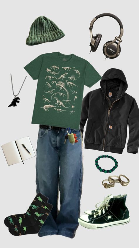 dinosaur green/black outfit #dinosauraesthetic #outfit #outfitinspo #aestheticoutfit #greenoutfit #dinosauroutfit #baggyfit Green Black Outfit, Green Grunge Outfit, Street Style Outfits Casual, Silly Clothes, Black Outfit Men, Dinosaur Outfit, Mood Clothes, Cold Fits, Outfit Collage