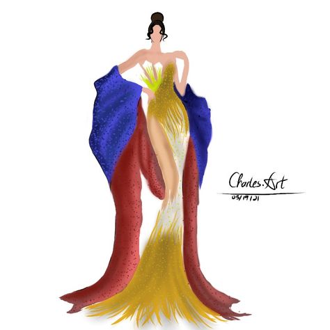 Gown with the flag the Philippines Philippine Gown Sketch, Philippine Gown, Filipiniana Dress Drawing, Philippines Gown, Philippines National Costume, Recycled Gown, Philippines Dress, Gown Sketch, Asian Dresses