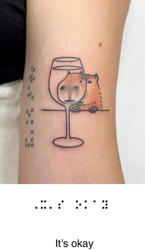 Ran into this cool tattoo with a message in Braille text on Instagram. I stitched the web translation to the bottom. You have to click on the image in order to see it. ~ Ferd Berfel 💛 Capybara Tattoo Small Simple, Cute Silly Tattoos, Glass Animals Tattoo, Funny Animal Tattoos, Silly Tattoo Ideas, Capybara Tattoo, Silly Tattoos, Bubble Tattoo, Tattoo Cartoon