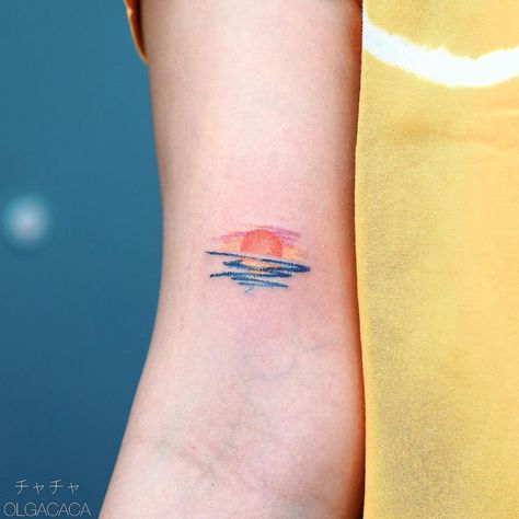 Sunset Tattoo With Color, Rainbow Sunset Tattoo, Small Sunset Tattoo Color, Sunset Chaser Tattoo, Sunset Tattoo Minimalist Colored, Sunset Over Water Tattoo, Abstract Sunset Tattoo, Watercolor Sunset Tattoo, Sunset Tattoo Color