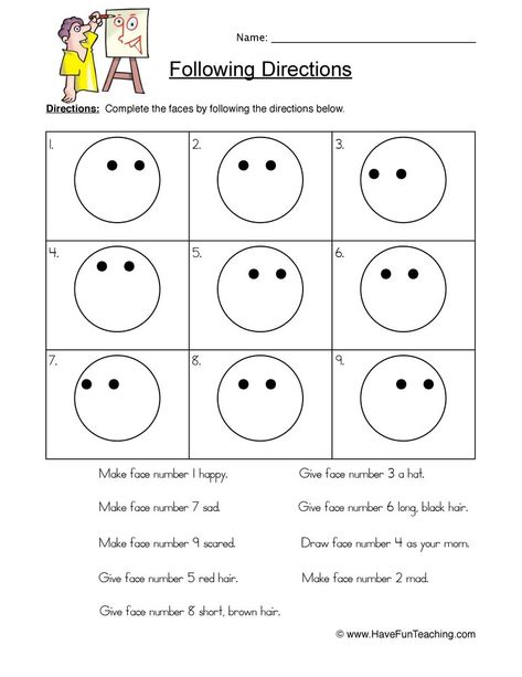 Using this Smilies Follow Directions Worksheet, students read and follow directions by drawing faces on the templates to improve their direction reading skills. Following Directions Worksheet, Follow Directions Worksheet, Directions Worksheet, Listening And Following Directions, Following Directions Activities, Listening Activities, Have Fun Teaching, Social Studies Worksheets, Kindergarten Worksheets Printable