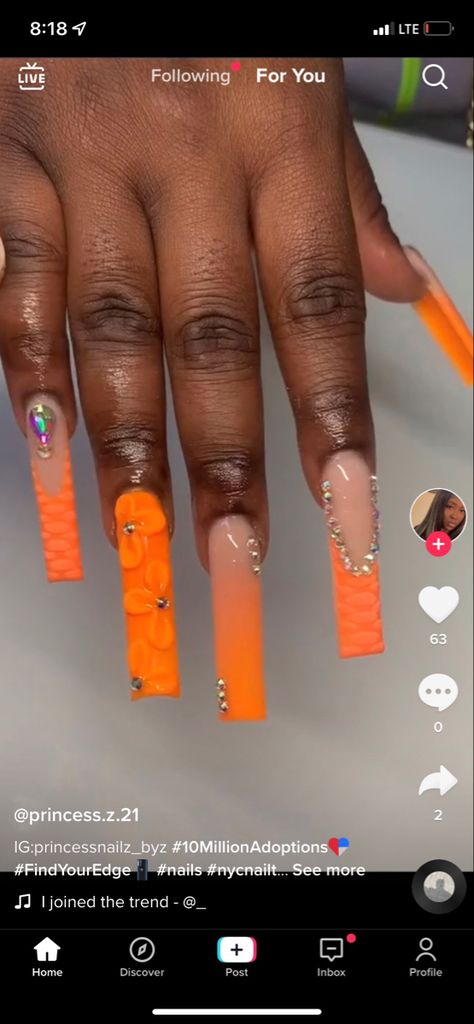 Orange Nail Set Designs, Orange Nails Birthday, Orange Press On Nails, Orange Prom Nail Ideas, Orange Prom Nails Acrylic, Orange Nails With Diamonds, Orange Nails For Prom, Orange Acrylic Nails Designs, Neon Orange Nail Designs