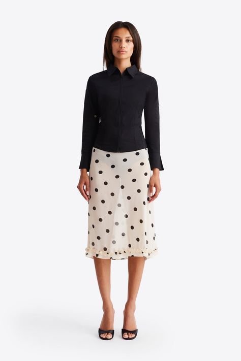 Petite Midi Skirt, Polka Dots Skirt, Gina Top, Polka Dot Midi Skirt, Jasmine Dress, Polka Dot Skirt, Dot Skirt, Mother Of Pearl Buttons, Black Skirt