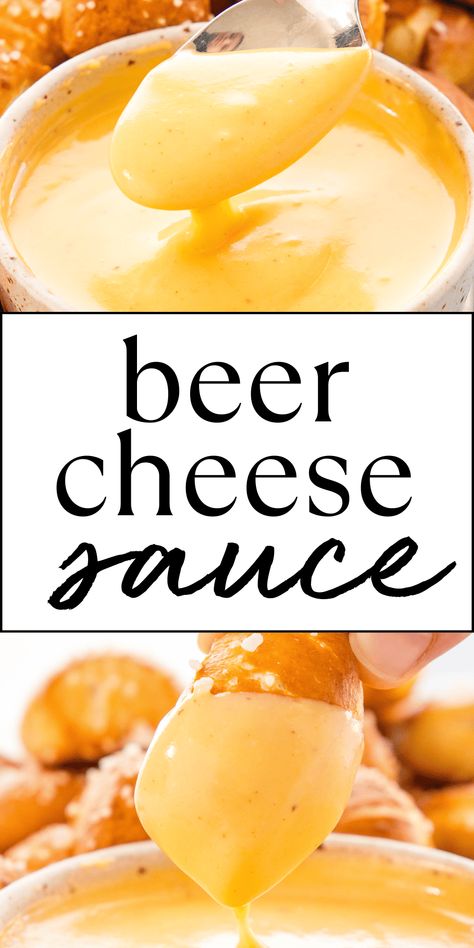 This Beer Cheese Sauce recipe is the BEST cheese sauce you'll ever try! It's rich, creamy, and flavoured with sharp cheddar, and it stays creamy and smooth thanks to a secret ingredient!. Enjoy this homemade cheese sauce on veggies, potatoes, pasta, or as a dip for your favourite appetizers. Recipe from thebusybaker.ca! #cheesesauce #beercheesesauce #homemadecheesesauce #easycheesesauce #sauce #appetizer #dip #nachos #nachodip #easyrecipe #partyfood via @busybakerblog Sharp Cheddar Cheese Dip, Beer Cheese Sauce Pasta, Beer Cheese Nachos, Hot Dog Cheese Sauce, Auntie Annes Cheese Sauce Copycat, Arby's Cheddar Cheese Sauce, Beer Cheese Sauce For Burgers, Breakfast Cheese Sauce, Homemade Cheddar Cheese Sauce