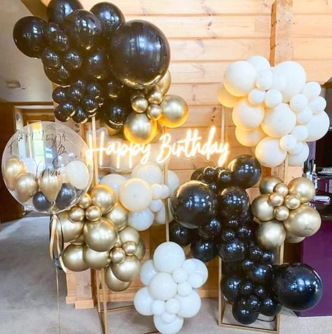 Mens 40th Birthday Table Decorations, Happy Birthday Backdrop For Men, Black And Beige Centerpieces, Elegant Sneaker Ball, 48th Birthday Party Ideas For Women, Black White Gold Birthday Party Decor, 26 Birthday Theme, Photo Display Ideas For Party, Black And Gold Party Theme