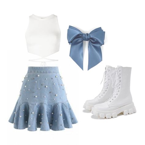 Txt Concert Outfit Blue And White, Kpop Stage Outfits Ideas Y2k, Blue And White Concert Outfits, Light Blue Concert Outfit, Blue Outfit Concert, Blue Kpop Outfit, Blue Stage Outfit, Zb1 Concert, Blue Concert Outfit