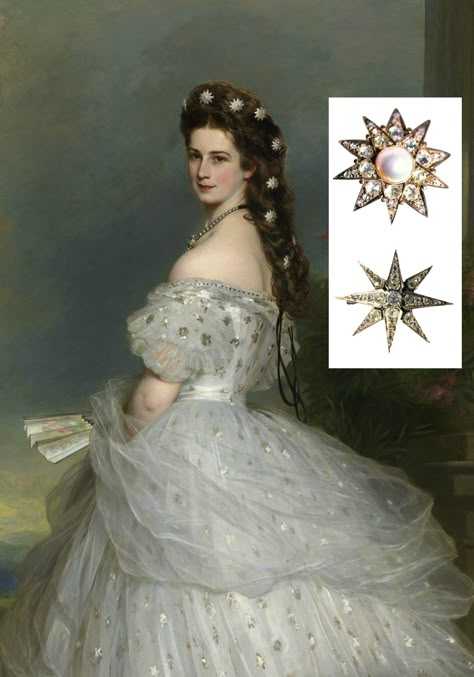 Detail of portrait of Empress Elisabeth of Austria, by Winterhalter, 1865, Bundesmobilienverwaltung Hofburg Vienna Sisi Museum (photo: Gerald Schedy). Empress Elisabeth "Sisi" is shown in a court gala dress designed by Worth, with diamond stars in her hair. Sisi possessed a variety of diamond stars, both eight-pointed and ten-pointed, with and without pearls. The inset photo (© SKB) shows diamond stars with pearls and without pearls, made by Köchert and Rozet & Fischmeister, respectively. Kochert Tiara, Empress Sissi, Franz Xaver Winterhalter, Empress Elisabeth Of Austria, Elisabeth Of Austria, Dinner Gowns, Empress Elisabeth, Gala Dress, Edwardian Jewelry