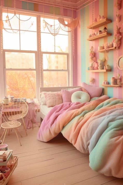 Pastel Bedroom Walls, Sitting Area Decor Ideas, Girls Pastel Bedroom, Funky Bedrooms, Sitting Area Decor, Pastel Rainbow Bedroom, Pastel Rainbow Room, Home Decor Inspiration Interior Design, Iris Cabin