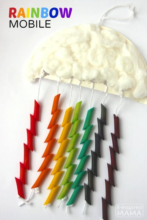 Rainbow Mobile Craft for Kids - cotton ball cloud and colored pasta rainbow - Spring & St Patrick's Day Craft Idea Preschool Creative Art, Spring Crafts Preschool, Mobile Craft, Rainbow Mobile, Preschool Art Projects, Spring Preschool, Spring Crafts For Kids, St Patrick's Day Crafts, Rainbow Crafts