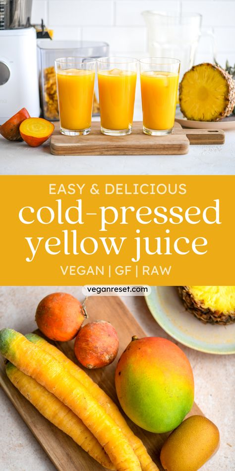 Squeeze out the sunshine 🌞 with this quick & easy Cold-Pressed Yellow Juice Recipe. Packed with fresh, juicy pineapple🍍, creamy mango🥭, sweet yellow carrots 🥕, and earthy golden beets. A zing from ginger makes this juice hydrating, raw vegan and absolutely delicious🍹. Perfect for a healthy start! 💛 High Carb Vegan Recipes, Yellow Juice, Cold Pressed Juice Recipes, High Carb Vegan, Beet Juice Recipe, Fresh Juice Recipes, Easy Juice Recipes, Vegan Juice, Quick Easy Vegan