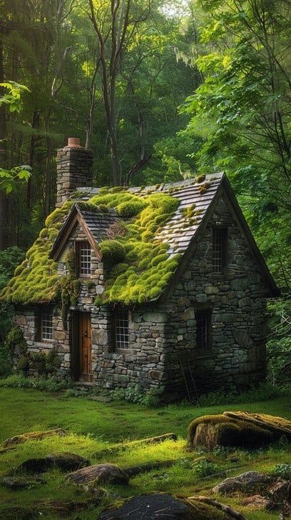 Tucked away in a tranquil, verdant forest, this charming stone cottage features a rich moss-covered roof that blends seamlessly with its natural surroundings. The earthy tones of the stones and the vibrant greens of the moss and forest create a picturesque scene, reminiscent of a fairy tale dwelling. Sunlight filters through the trees, giving the scene a warm, welcoming glow. It's the perfect hideaway for those seeking solace and connection with nature, away from the hustle and bustle of modern Cottage In Woods, Forest Witch Aesthetic, Cottage Forest, Cottage Images, Mushroom Cottage, Woodland Cottage, Forest Cottage, Forest Witch, Lush Forest