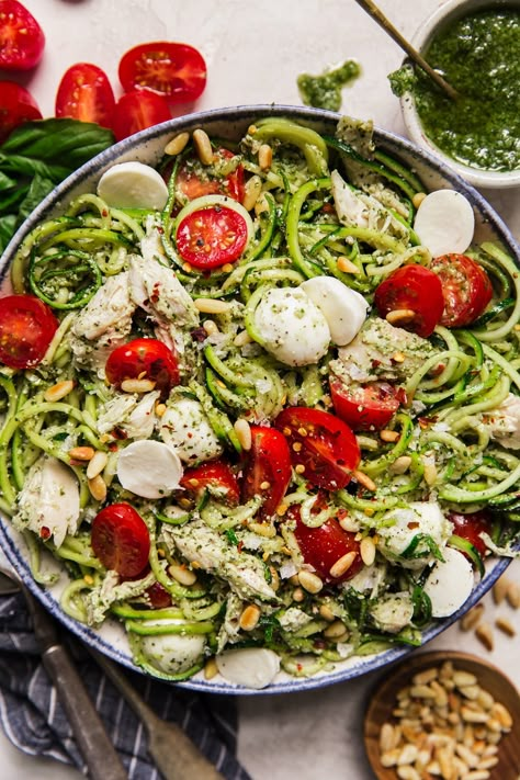 Pesto Zoodle Salad with Chicken | The Modern Proper Best Zoodle Recipe, Zoodle Pasta, Zoodle Salad, Making Zucchini Noodles, Pesto Zoodles, Grilled Steak Salad, Best Summer Salads, Pasta Substitute, The Modern Proper