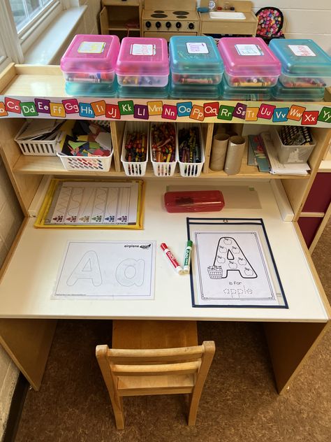 Preschool Interest Areas, Prek Library Center Ideas, Writing Table Preschool Ideas, Home To School Chart Preschool, Pre Writing Center, Prek Library Center, Writing Corner Preschool, Writing Centers Preschool, Writing Center Preschool Setup