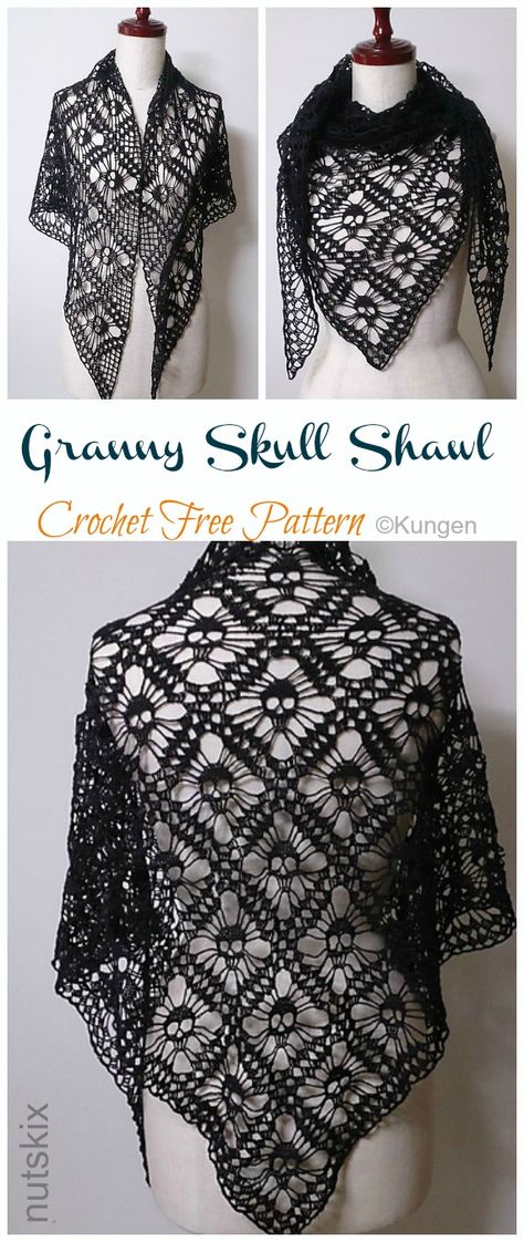 Granny Skull Shawl Crochet Free Pattern - Crochet & Knitting Shawl Crochet Free Pattern, Triangle En Crochet, Skull Shawl, Crochet Skull Patterns, Skull Ideas, Crochet Triangle Shawl Pattern, Crochet Pour Halloween, Poncho Au Crochet, One Skein Crochet