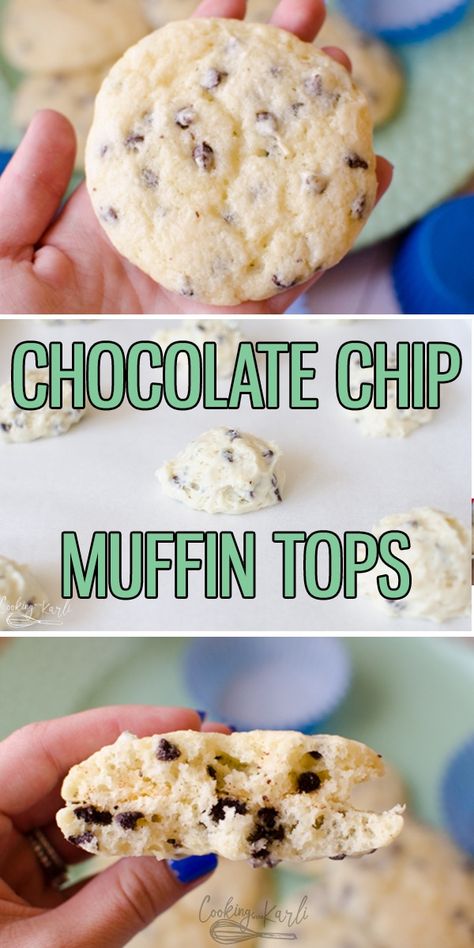 Chocolate Chip Muffin Tops are what I like to call Muffin Cookies. They are scooped and baked like cookies but have the taste and texture of muffins. Light, fluffy and full of mini chocolate chips. These are perfect for brunch or dessert! |Cooking with Karli| #muffins #cookies #muffintops #chocolatechip #brunch #breakfast Chocolate Chip Muffin Tops, Muffin Top Recipes, Muffin Cookies, Muffin Top Pan, Chocolate Chip Muffin, Cooking With Karli, Muffin Tops, Awesome Recipes, Chocolate Chip Muffins