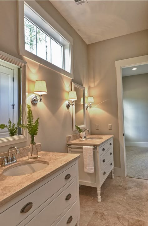 Paint Color Ideas“Benjamin Moore White Sand OC-10″. Benjamin Moore White Sand, Benjamin Moore White, Tiny Room, Double Sinks, Bathroom Color Schemes, Beige Bathroom, Bathroom Paint Colors, Diy Bathroom Remodel, Bathroom Color