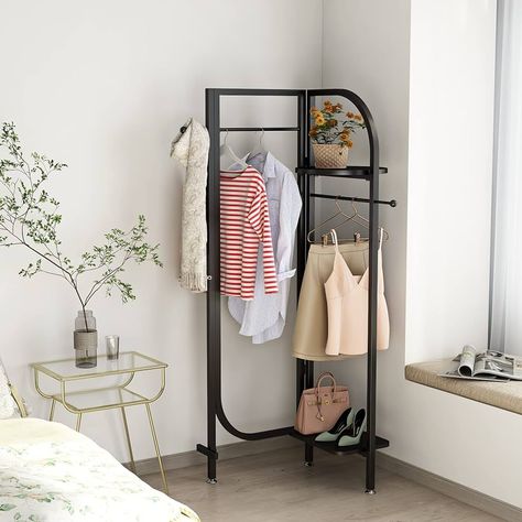 Rack Corner Garment Rack, Diy Clothes Rack Cheap, Diy Clothing Rack, Black Clothing Rack, Modern Clothing Rack, Corner Organizer, Industrial Clothing Rack, Industrial Clothing, Diy Clothes Rack