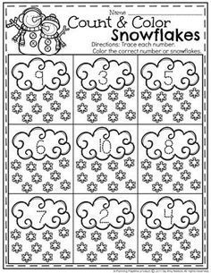 Count and Color Snowflakes - Preschool Math Worksheet for Winter. Winter Preschool Letter Activities, Snowflake Math Preschool, Snowflake Worksheets For Preschool, Preschool Snowflake Activities, Snowflake Preschool Activities, Math Winter Activities Preschool, Winter Math Preschool, Snowflake Activities For Preschool, Snowflakes Preschool