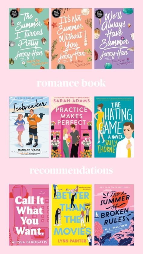 romance book recommendations
the hating game
the summer i turned pretty
we’ll always have summer
it’s not summer without you
 ice breaker
practice makes perfect
call it what you want
better than the movies
the summer of broken rules
jenny han 
hannah grace
summer books
love books Romance Book Recommendations, Young Adult Books Romance, Young Adult Romance Novels, Adult Romance Novels, Best Books For Teens, Book Reading Journal, Library Aesthetic, Teen Romance Books, Top Books To Read