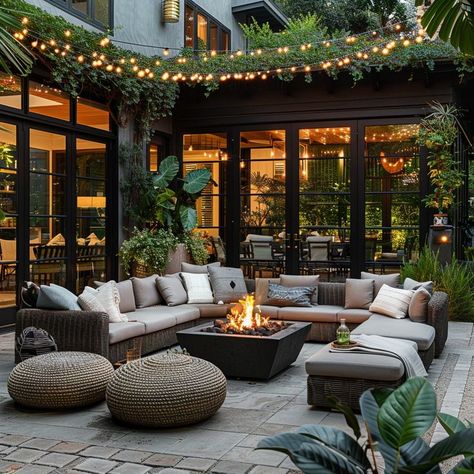 Cozy outdoor living space with modern fire pit, plush sectional sofas, and string lights surrounded by lush greenery. Ideal for relaxation and outdoor entertainment. Pit Couch, Modern Outdoor Living Space, Luxurious Backyard, Greek Garden, Outdoor Furniture Ideas, Modern Outdoor Living, Modern Fire Pit, Round Fire Pit, Relaxing Space