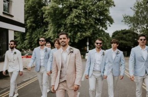 Light Groomsmen Attire, Pale Blue Groomsmen Suits, Groom And Groomsmen Attire Summer Wedding, Pastel Blue Groom Suit, Pastel Wedding Tuxedo, Pastel Wedding Groom Suit, Pastel Mens Suit, Mens Pastel Wedding Attire, Garden Wedding Suit Grooms