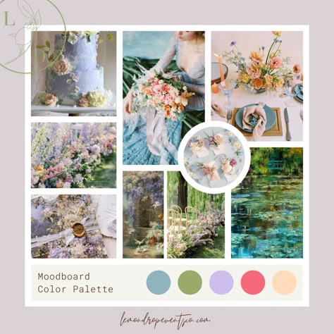 Art Inspired Wedding Decor, Impressionist Wedding, Impressionism Wedding Theme, Garden Wedding Mood Board, Claude Monet Themed Party, Art Wedding Theme, Mood Board Wedding Inspiration, Art Themed Wedding, Impressionism Wedding