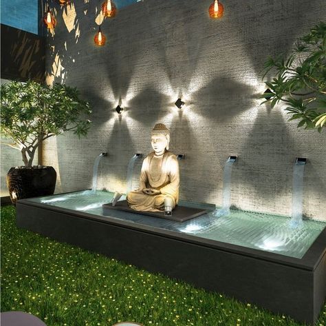 Water Fall Ideas, Buddha Home Decor, Water Fountain Design, Taman Air, Curtains Bathroom, Buddha Garden, Zen Garden Design, Buddha Decor, Terrace Garden Design