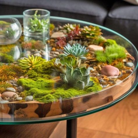 A vintage coffee table with nostalgic design and charming decor. Terrarium Coffee Table, Coffee Table Designs, Green Oasis, Vintage Coffee Table, Table Designs, Moss Wall, Small Figurines, Furniture Trends, Plant Combinations