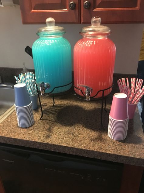 Pink And Blue Juice Gender Reveal, Gender Reveal Alcoholic Drink Ideas, Pink And Blue Lemonade Gender Reveal, Pink And Blue Party Decor, Pink Blue Birthday Party, Pink And Blue Candy Gender Reveal, Pink And Blue Party Food, Blue And Pink Drinks Gender Reveal, Blue Or Pink What Do You Think