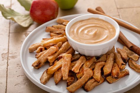 Air Fryer Apple Fries with Caramel Cream Dip Air Fried Apple Wedges With Caramel Whipped Cream, Apple Fries With Caramel Cream Dip, Air Fried Apple Wedges With Caramel Whipped Cream Dipping Sauce, Air Fried Apple Wedges And Dipping Sauce, Air Fryer Apple Fries, Wedge Fries, Apple Fries, Caramel Dipping Sauce, Fried Apple