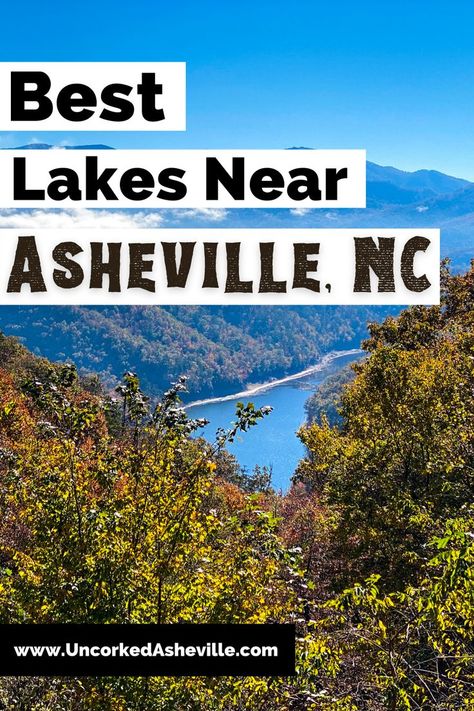 Best lakes near Asheville, NC with photo of Fontana Lake in Bryson City North Carolina with blue water surrounded by green tree mountains with clear blue sky North Carolina Attractions, North Carolina Lakes, Fontana Lake, Lake Junaluska, North Carolina Vacations, Carolina Mountains, Road Trip Map, North Carolina Travel, Nc Mountains