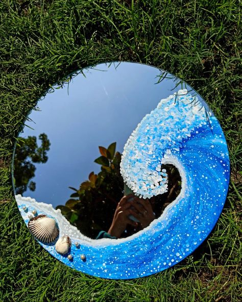 Hand painted mirror Drawing On Mirror Ideas, Mirror Painting Ideas Art, Painting On Mirror, Drawing Mirror, Mirror Painting Ideas, Sea Mirror, Hand Painted Mirror, Painted Mirrors, Mirror Resin