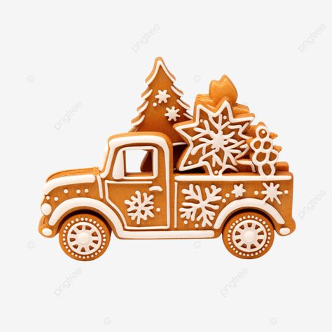 wooden toy truck is lucky for christmas gingerbread in form of christmas trees and snowflakes food Truck With Christmas Tree Cookie, Gingerbread Truck Template, Gingerbread Truck Ideas, Gingerbread City, Gingerbread Truck, Christmas Tree Gingerbread, Gingerbread Tree, Window Mural, Car Food