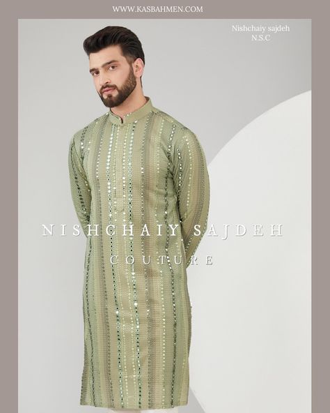 Our versatile Mehndi green mirror work kurta with intricate two tone thread work and detailed sequin embroidery. Shop now at www.kasbahmen.com Mirror Work Kurta, Green Mirror, Green Mirrors, Sequin Embroidery, Embroidery Shop, Sequins Embroidery, Mirror Work, Thread Work, Two Tone