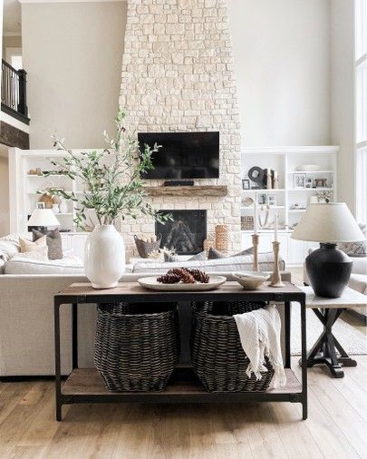 Black And Cream Living Room, Console Table Decor, Lounge Room Styling, Cream Living Rooms, Earthy Home Decor, Faux Olive Tree, White Ceramic Vase, Console Table Decorating, Living Room Setup