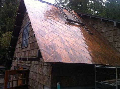 Copper Roof House, Bark Siding, Copper Metal Roof, Copper In Architecture, Mission Style Homes, Zinc Roof, House Architecture Styles, Alternative Living, House Roof Design