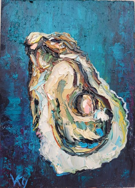 Abstract Oyster Painting, Shell Oil Painting, Oyster Oil Painting, Oyster Shell Painting Ideas, Oysters Painting, Art Food Painting, Oyster Painting, Seafood Art, Sea Life Painting