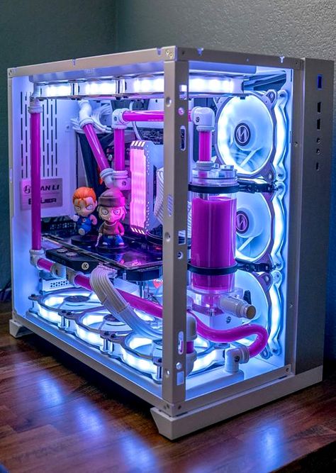 Kaicho Modified's Lian Li PC-O11DX 011 "Purple Haze" Custom Liquid Cooled PC Build. PC Gaming hardware features Intel - Core i9-9900K, Gigabyte - Z390 Aorus Master, EVGA Black Edition, Corsair RM850x PSU, and EK Brand waterblocks with Bitspower compression fittings.   #pcgaming #nvidia #games #diy #technology #tech Building Pc, Gaming Computer Room, Pc Gaming Desk, Gaming Desk Setup, Best Gaming Setup, Computer Gaming Room, Gaming Pc Build, Gamer Setup, Pc Gaming Setup