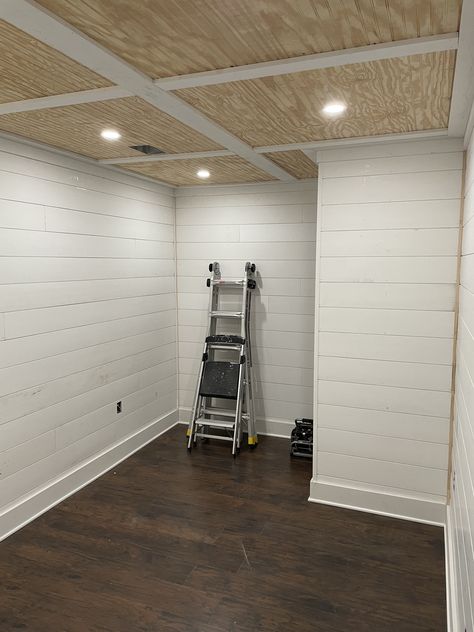 Shiplap Basement Ceiling, Shiplap Basement Walls, Dropped Ceiling Ideas, Basement Shiplap, Shiplap Basement, Farmhouse Basement, Narrow Hallway Decor, Basement Diy, House Flips