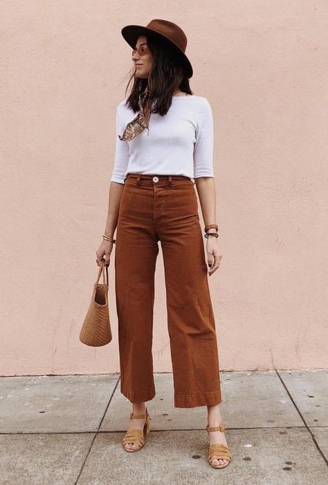 Spring 2024 Casual Fashion Trends, Earth Tone Chic Outfits, High Waisted Brown Pants Outfit, Fall Boho Work Outfits, Boho At Work Outfits, Terra Cotta Outfit, Seventies Inspired Outfits, Crunchy Business Casual, 70s Inspired Work Outfits