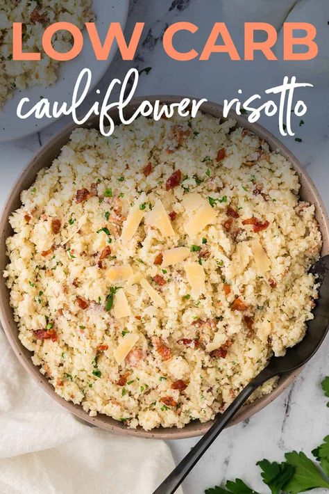 Our Creamy Cauliflower Risotto is a satisfying side dish that cuts out the carbs of traditional risotto! Made with vegetables, plenty of creamy Parmesan, and bits of crispy bacon. This cauliflower risotto recipe is a must make! Riced Cauliflower Recipes, Traditional Risotto, Cauliflower Recipes Low Carb, Veggie Risotto, Cauliflower Risotto Recipes, Cauliflower Rice Risotto, Man Recipes, Cauliflower Risotto, Bacon Cauliflower