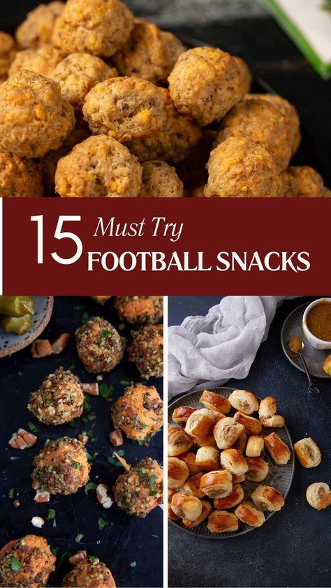 A collage of game day snacks. Football Snack Ideas, Game Day Finger Foods, Easy Football Snacks, Football Appetizers Easy, Fall Finger Foods, Football Finger Foods, Football Tailgate Food, Football Appetizers, Easy To Make Snacks