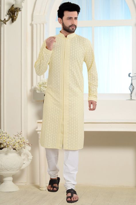 Kurta Designs Men's, Pakistani Kurta Designs, Latest Kurta Designs, Pakistani Kurta, Kurta Pajama Men, Yellow Kurta, Groom Dress Men, Haldi Outfits, Indian Groom Wear