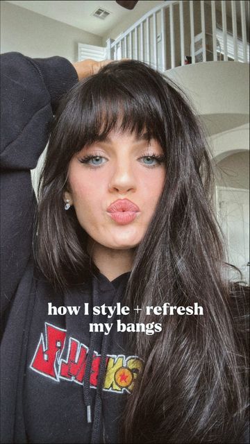 AUTUM RAIN on Instagram: "how I style and refresh my bangs 🎀 i’ll usually do this in between washes to bring some life back into them :) #hairtutorial #hairbangs #fringebangs #hairstyletutorial" How To Train Bangs Forward, How To Straighten Your Bangs, Styling Bangs Without Heat, No Bangs To Bangs Before And After, How To Set Bangs, Bangs Vs No Bangs Long Hair With, Front Bangs With Long Hair Round Face, How To Train Your Bangs, How To Dry Bangs