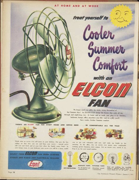 1951 advertisement for Elcon electric fans : Free Download, Borrow, and Streaming : Internet Archive 50s Posters Vintage Ads, 50s Ads, 1950s Advertisements, 50s Advertisements, 1950s Ads Illustrations, Mid Century Fan, Vintage Fans Electric, History Of Electricity, 1950s Magazine Ads