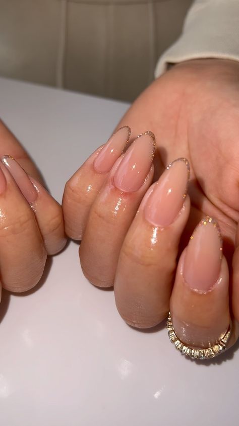 Gel Apres Nails, Prom Nails Basic, Simple Nails Graduation, Basic Graduation Nails, Graduation Nails Short Almond, Gelx Apres Nails French Tip, Feminine Nails Classy Almond, Apres X Gel Nails, Prom Nail Inspo Elegant